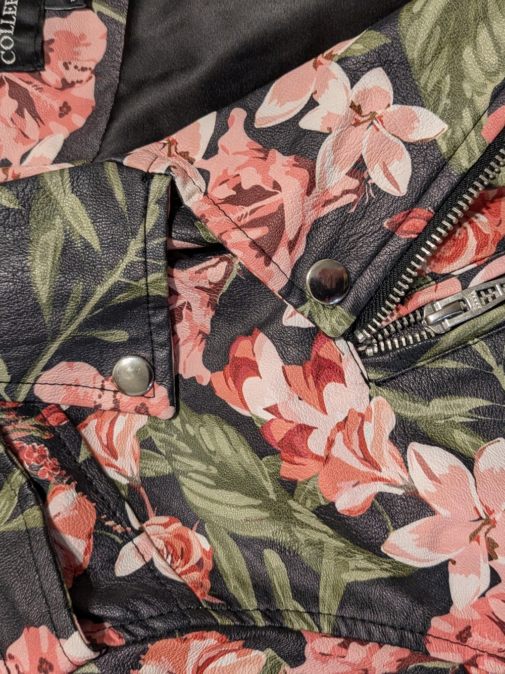 Floral Faux Leather Moto Jacket Pink Rose Edgy Fall - Picture 7 of 14